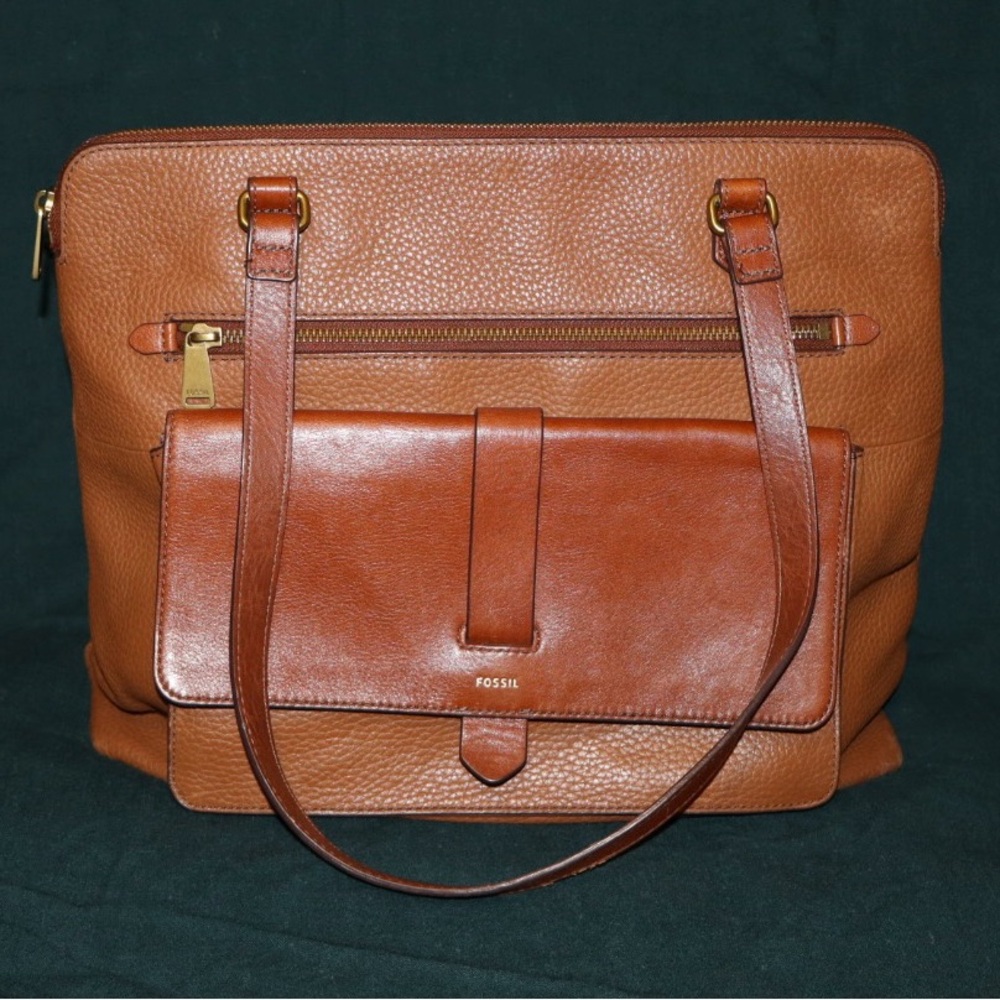 Fossil Cognac Leather Shoulder Tote with Front Flap Pocket